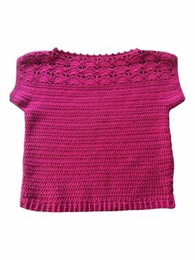 Handmade Knit Fuchsia  Pink Short Sleeve Holiday Cropped Sweater Christmas Small